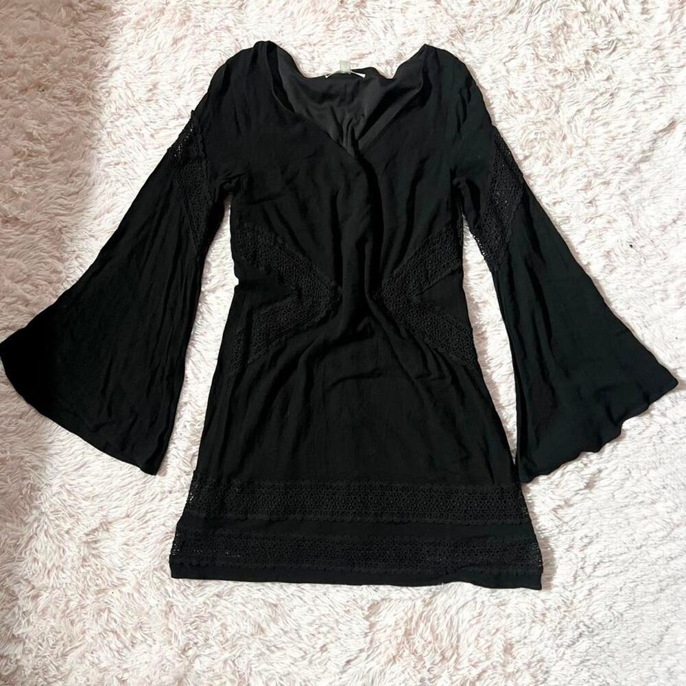 Whimsygoth Dark Fairy‎ Core Boho Gothic Witchy Moon Black Lace Bell Sleeve Dress
